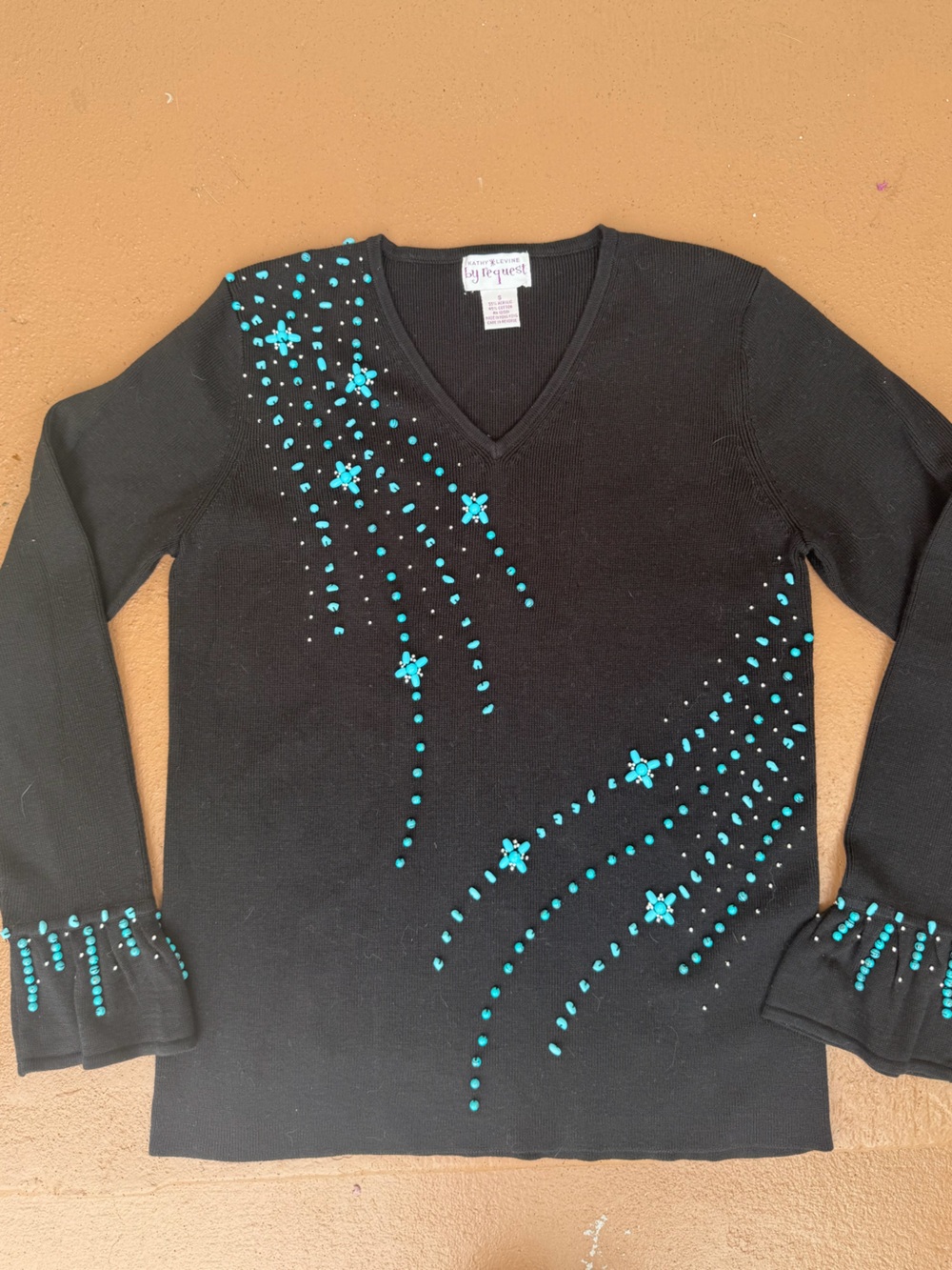 Vintage Black V-Neck Sweater with Turquoise Beaded Floral Accents